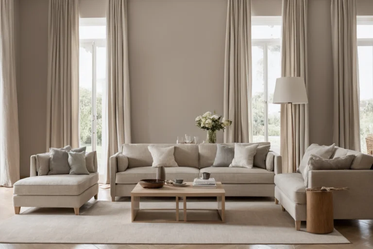 A pale woven upholstered sofa in a contemporary living room interior