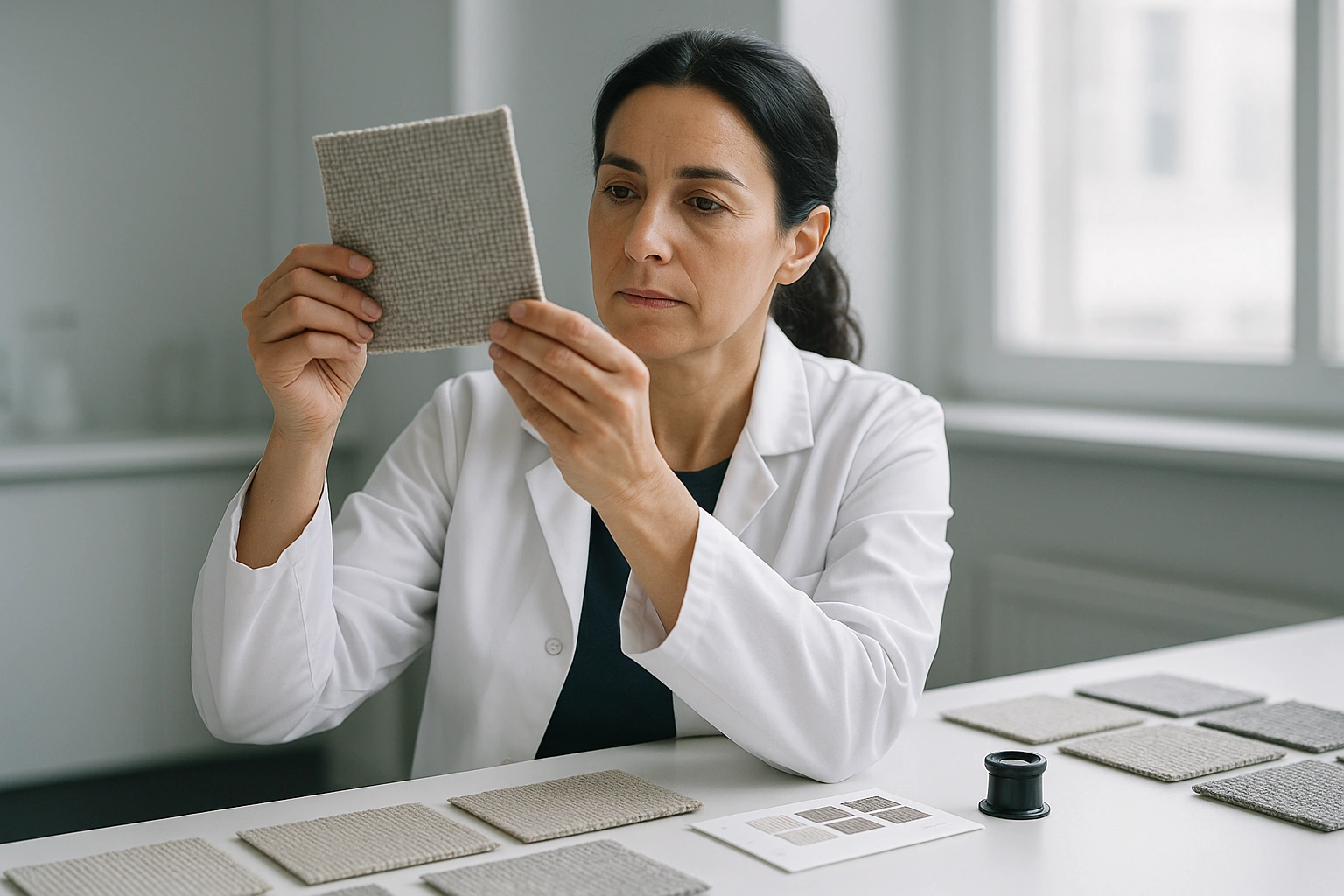 A textile technician examining an upholstery fabric swatch in a laboratory